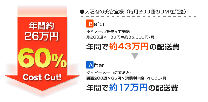 ●大阪府の美容室様（毎月200通のDMを発送） 年間約29万円 68％ Cost Cut!